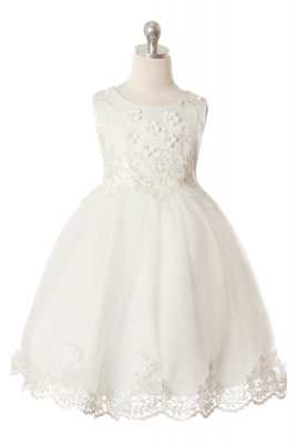 Girls Dress Style 1046 - Elegant Sleeveless Dress with Floral Applique Details in White